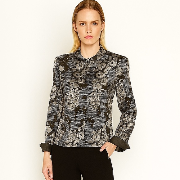 Armani Collezioni Black & Ivory Floral Print Jacket Sikk Linned– Size 8 - Picture 1 of 15